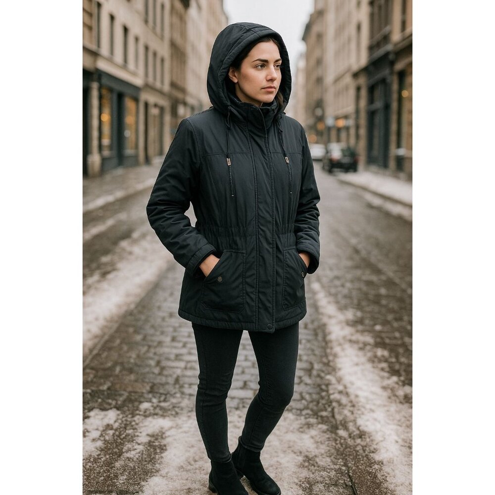 Weather Tamer Womens Black Hooded Parka Coat Medium Winter Coat Utility Style